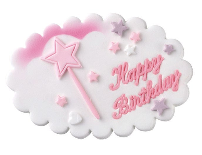 Happy Birthday Pink Wand Sugar Plaque -