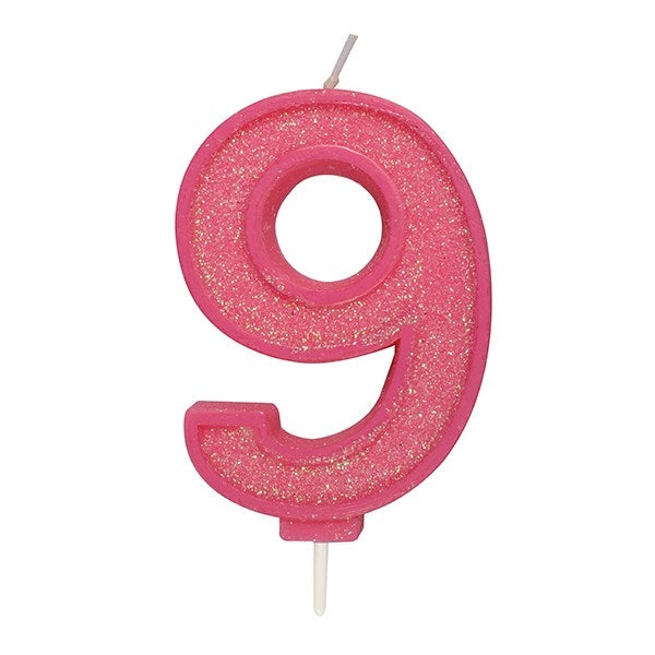 Pink Sparkle Numeral Candle - Number 9 - 70mm