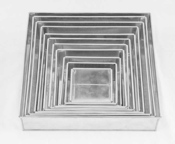 Baking Tin Set- Square Set of 11 Galvanised baking tins (4, 5, 6, 7, 8, 9, 10, 11, 12, 13, & 14 inch Set) (3 inch Deep)