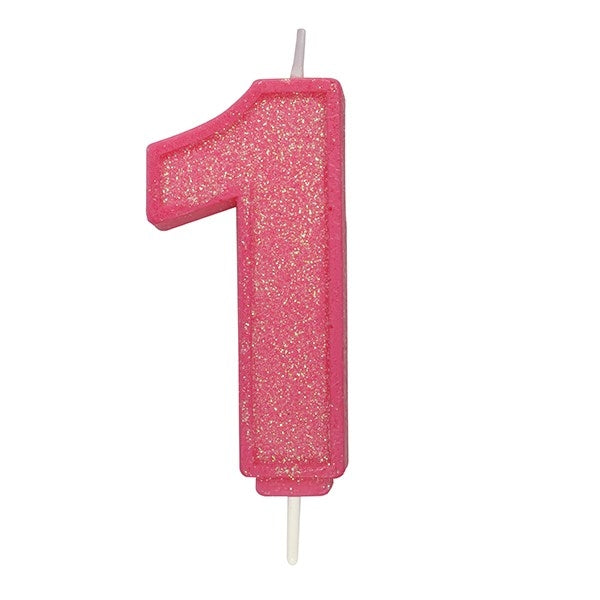 Pink Sparkle Numeral Candle - Number 1 - 70mm