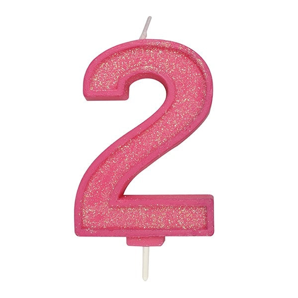 Pink Sparkle Numeral Candle - Number 2 - 70mm