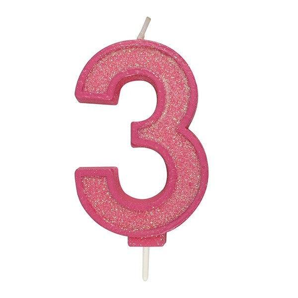 Pink Sparkle Numeral Candle - Number 3 - 70mm