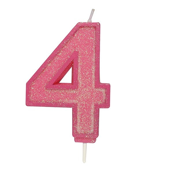 Pink Sparkle Numeral Candle - Number 4 - 70mm