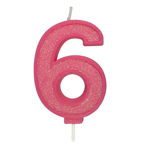 Pink Sparkle Numeral Candle - Number 6- 70mm