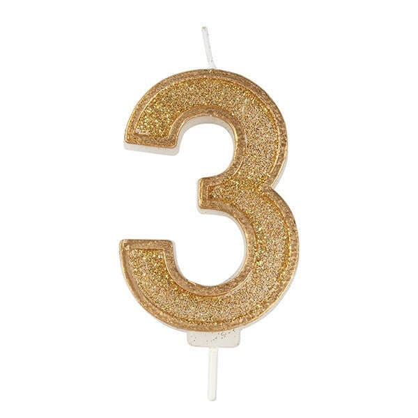 Gold Sparkle Numeral Candle - Number 3 - 70mm