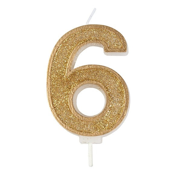 Gold Sparkle Numeral Candle - Number 6 - 70mm