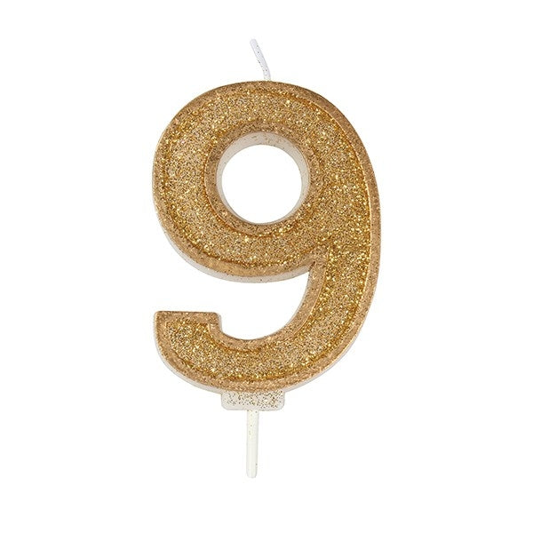 Gold Sparkle Numeral Candle - Number 9 70mm