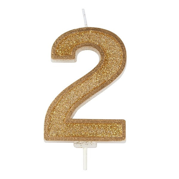 Gold Sparkle Numeral Candle - Number 2 - 70mm