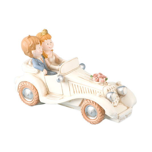 Wedding Figurine Bride & Groom In Car  150 x 70 x 70mm Ivory