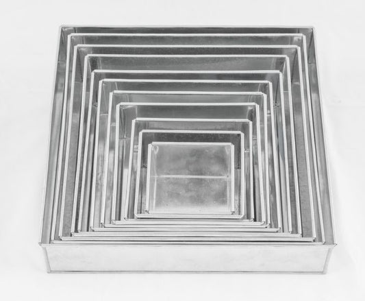Baking Tin Set-  Square  Set of 11 Galvanised  baking tins (4, 5, 6, 7, 8, 9, 10, 11, 12, 13, & 14  inch Set) (3 inch Deep)